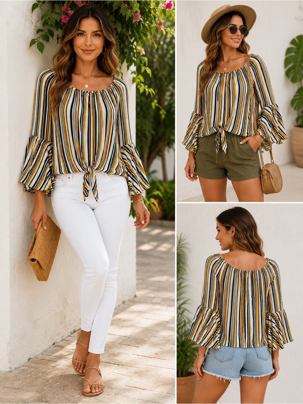 A. Byer Bell Sleeve Front Tie Boat Neck Striped Boho Blouse‎ Top Medium